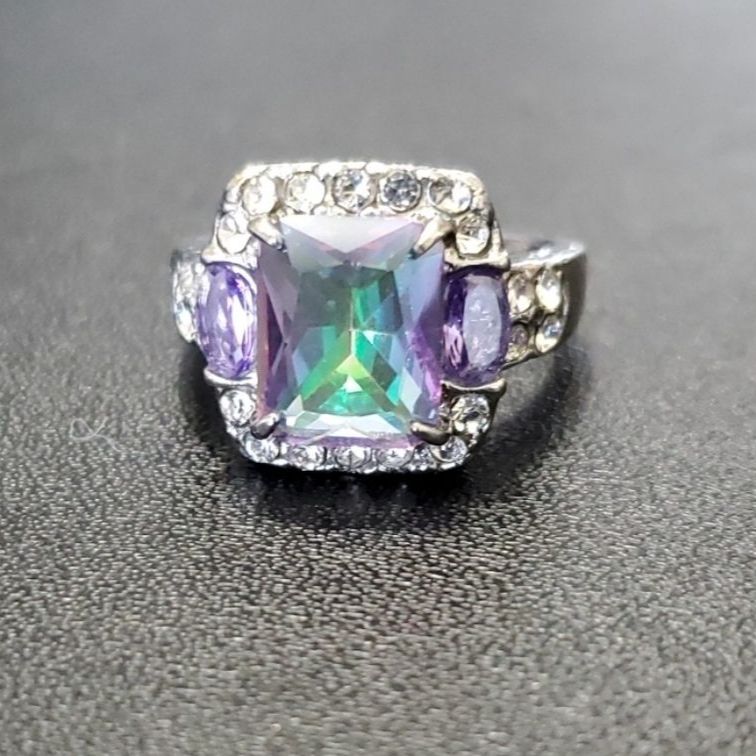 Silver Tone Rainbow Rhinestone Ring